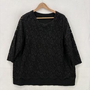 J Jill Wearever Collection Top Womens 2X Black Lace 3/4 Sleeve Tunic Pullover